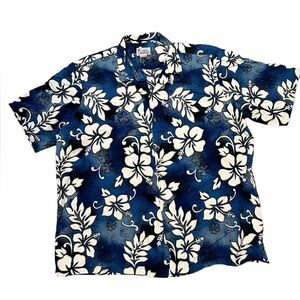 Men’s Hawaiian Shirt Vintage 3XL Blue with White Hibiscus Print